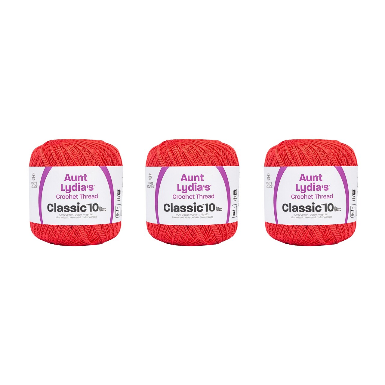 Aunt Lydia Classic Bright Coral Crochet - 3 Pack of 350y/320m - Cotton - Gauge 10 - Crochet
